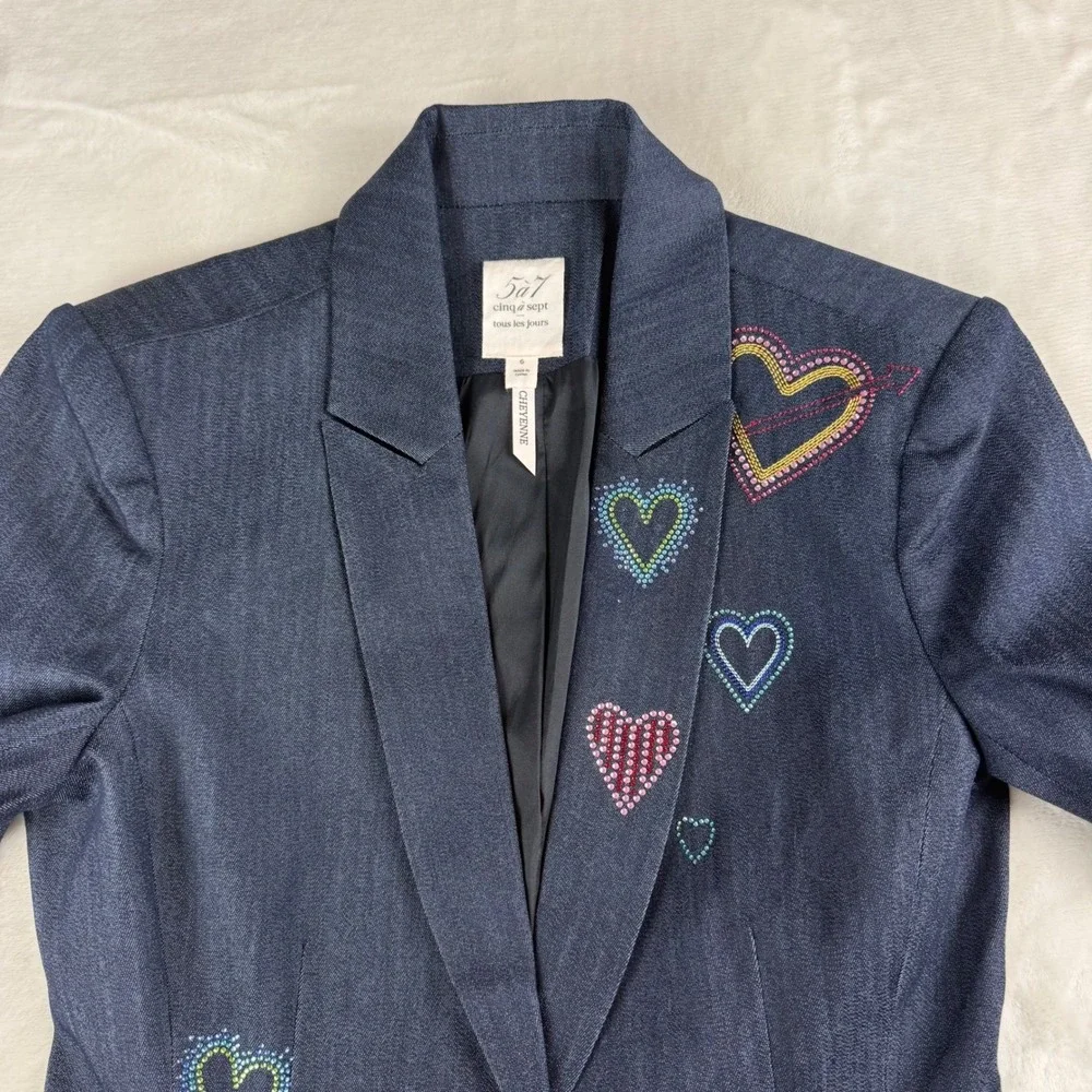 Cinq a Sept Cheyenne Blazer Women Size 6 Blue Denim Rhinestone Heart Embellished